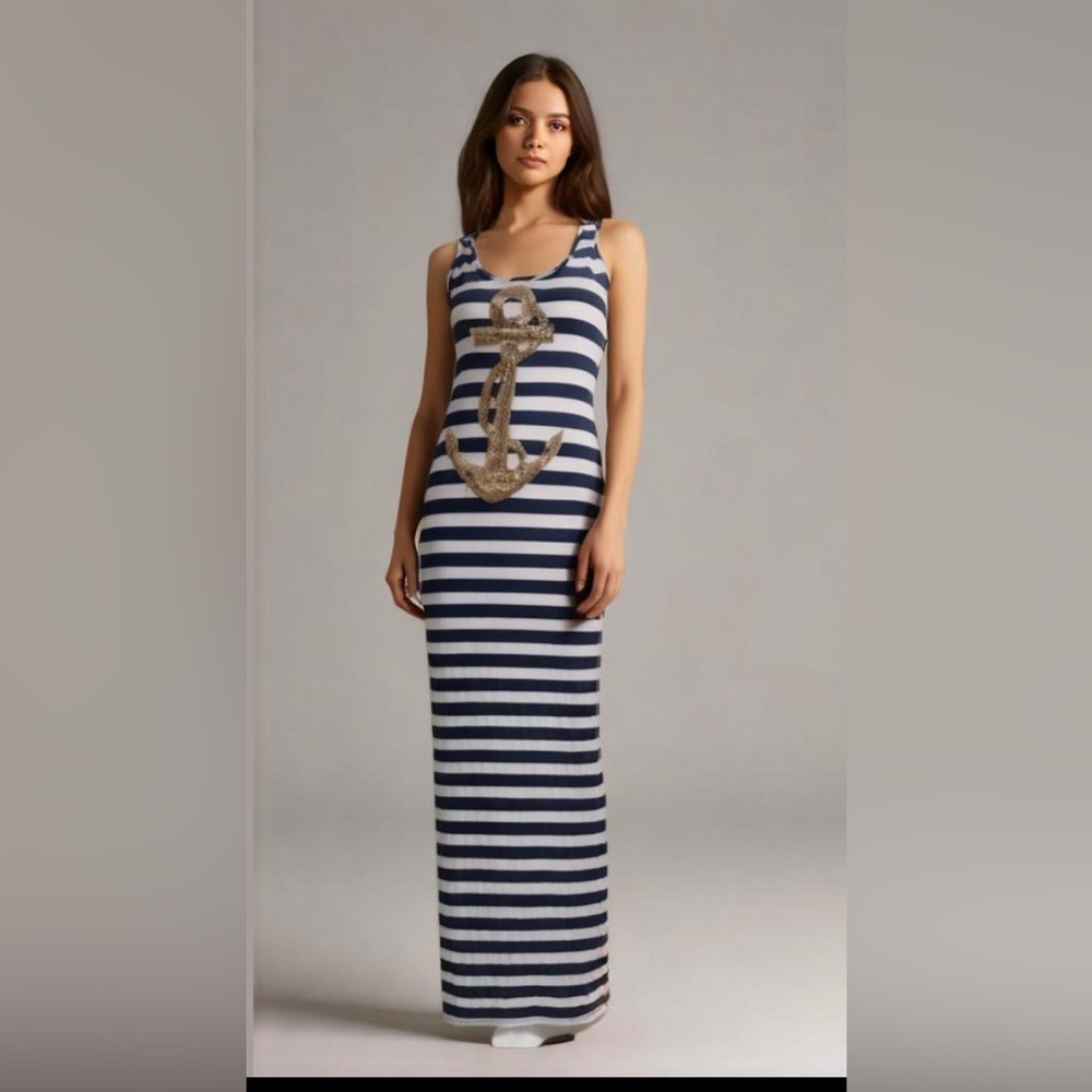EUC Miin Sequined Anchor Print Sleeveless Stripe Slit Dres